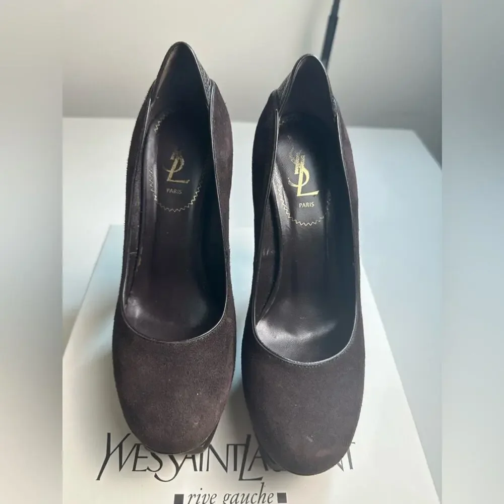 Saint Laurent Tribute YSL 105 Suede‎ Ostrich Platform Heels Size 7.5 Brown